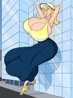 drawing giantess city blonde color clothed high_heels huge_breasts yellow_eyes dress skyscraper ballcap