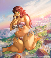 bikini drawing giantess blushing mega color large_breasts anime green_eyes pink_hair sitting bbw town thick_thighs snklfrtz psychowolffy