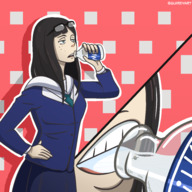 drawing vore color long_hair clothed water glasses anime hand uniform unaware shrunken_man open_mouth drinking freckles panels edit bangs imminent_vore no_background water_bottle guireyart10 keep_your_hands_off_eizouken kanamori_sayaka