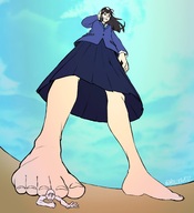 drawing feet black_hair color long_hair clothed toes barefoot skirt glasses anime low_angle smiling foot_crush uniform shrunken_man looking_down outdoors under_foot freckles bangs looking_at_tiny hollewdz keep_your_hands_off_eizouken kanamori_sayaka