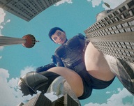 giantess city black_hair armor clothed buildings low_angle smiling short_hair airplane looming looking_down vehicles outdoors crouching point_of_view looking_at_viewer thick_thighs digital_render analternateusername halo_(game) kat-b320
