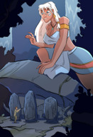 breasts drawing giantess white_hair mega color large_breasts long_hair blue_eyes cleavage skirt finger brunette waterfall looking_down cave dark_skin crouching tattoo statue disney necklace earrings atlantis makeup looking_at_tiny atlantis_the_lost_empire kida_nedakh milo caiman2 kida