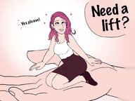 drawing gentle giantess color clothed handheld skirt story pink_hair sitting shrunken_woman dialogue sweaterpupster