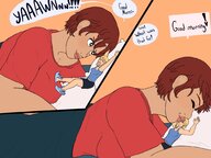 drawing blonde bed brunette smiling lying_down short_hair kissing shrunken_woman indoors closed_eyes dialogue panels sweaterpupster