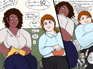 drawing long_hair brunette smiling sitting shrunken_man looking_down dark_skin indoors dialogue panels thick_thighs sweaterpupster