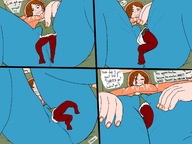 drawing long_hair brunette low_angle smiling sitting between_legs shrunken_man pinned closed_eyes dialogue sweaterpupster