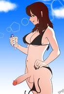 bikini drawing blushing tail blonde aroused color large_breasts penis beach handheld green_eyes red_eyes blue_hair brunette collar shrunken_woman cat_girl choker undressing licking_lips giantesssabs trans kiri