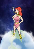 breasts drawing giantess earth giga space color large_breasts blue_eyes smiling giganta red_hair ponytail boots earrings belt hands_on_hips inspector97 dc_comics cosmic_giantess bare_legs yourmaskedditto watchtower