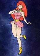 breasts drawing giantess panties earth giga space color large_breasts blue_eyes handheld cleavage smiling giganta red_hair ponytail boots earrings belt inspector97 dc_comics cosmic_giantess bare_legs between_breasts yourmaskedditto