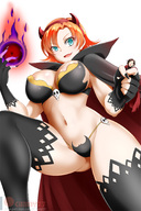 breasts drawing giantess panties horns color blue_eyes clothed handheld bra cape thigh_highs skull no_background rwby ruby_rose nora_valkyrie kimmy77