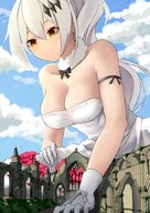 drawing giantess white_hair color large_breasts cleavage yellow_eyes gloves dress looking_down girls_frontline five_seven_(girls_frontline)