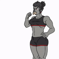 drawing vore black_hair color clothed unknown_artist muscles shorts animation inside_mouth swallowed stretching source_needed thick_thighs no_background skimpy_clothing hair_bun grey_skin stomach_bulge bare_midriff shurnken_person
