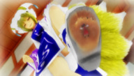 feet upskirt blonde clothed toes soles anime touhou low_angle insole smiling in_shoe short_hair kitsune shrunken_woman looking_down trapped indoors under_foot hat fox_girl ran_yakumo raised_foot see_through multiple_tails reimu_hakurei digital_render bare_legs karkaterium