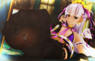 white_hair feet long_hair clothed toes soles anime stockings insole smiling sitting shrunken_man trapped dark_skin indoors under_foot bb in_stocking raised_foot legs_crossed in_socks in_sock bangs skimpy_clothing digital_render fate_(series) karkaterium