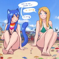bikini drawing giantess blushing blonde color beach blue_hair brunette giantesses cat_girl dialogue boardwalk giantesssabs trans bandana
