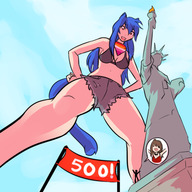 drawing tail color clothed red_eyes blue_hair brunette looking_down cat_girl choker from_below statue_of_liberty banner giantesssabs