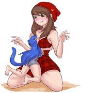 tail long_hair blue_hair brunette mini_giantess hugging no_background between_breasts giantesssabs trans