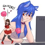 drawing gentle blushing color clothed red_eyes blue_hair brunette cheerleader collar shrunken_woman cat_girl sneakers working choker dialogue no_background pom-poms giantesssabs kiri