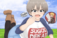 drawing giantess color clothed anime huge_breasts boots shorts speech_bubble greenmatcha leon_takayashi uzaki-chan