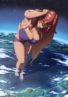 bikini drawing giantess panties giga city alien space color long_hair swimsuit barefoot cleavage bra ocean green_eyes huge_breasts teen_titans red_hair starfire looking_down clouds stars wading glowing_eyes dc_comics orange_skin zerohour99