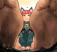 drawing giantess feet color long_hair destruction clothed toes barefoot buildings soles anime touhou low_angle smiling red_hair sitting cat_girl outdoors braid looking_at_viewer bangs debris rin_kaenbyou bakugeki_no_g
