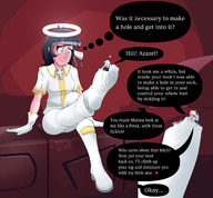 drawing white_hair blushing horns angel comic black_hair color clothed anime demon sequence insole smiling story succubus sitting demoness hell heart shrunken_woman under_foot nervous halo raised_foot dialogue panels in_sock bangs looking_at_tiny helltaker modeus_(helltaker) nauartn azazel_(helltaker)