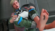 feet blonde armor clothed toes barefoot soles military low_angle ponytail sitting surprised foot_crush shrunken_woman looking_down indoors nail_polish legs_crossed stuck_to_foot mortal_kombat mileena looking_at_tiny digital_render cassie_cage discarded_footwear bantoras