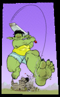 drawing giantess feet black_hair color destruction clothed sword toes barefoot buildings soles castle low_angle smiling bbw shorts running looking_down jumping outdoors running_away goblin thick_thighs green_skin pointed_ears silverscarf