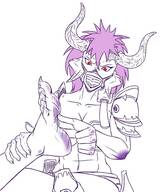 breasts drawing feet horns monochrome toes soles demon domination navel doom abs mask monster_girl smothering no_background marauder