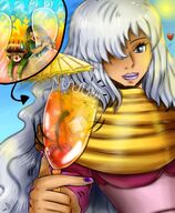 drawing giantess white_hair color clothed one_piece charlotte drink shrunken_woman shrunken_man lipstick outdoors grey_eyes nail_polish in_drink megami-majou smoothie_charlotte