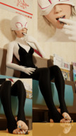 feet vore blonde tongue clothed handheld toes barefoot saliva superhero smiling shrunken_men sitting foot_play mask inside_mouth indoors mouth_play under_foot between_feet nail_polish imminent_vore digital_render gwen_stacy stirrups marvel_comics spider-gwen cutaway skintight_clothing covered_eyes poggermeister