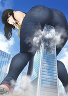 drawing giantess city mega black_hair color long_hair butt destruction clothed buildings anime low_angle smiling bending_over between_legs smoke outdoors thigh_crush looking_back debris uru