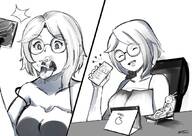 drawing monochrome tongue glasses smiling short_hair phone open_mouth panels imminent_vore