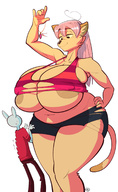 drawing furry anthro long_hair huge_breasts smiling ducky pink_hair mini_giantess looking_down necklace ripped_clothing thick_thighs no_background