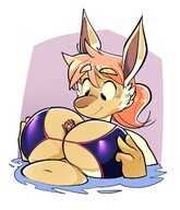 bikini drawing gentle furry anthro color swimsuit cleavage bra water huge_breasts smiling ducky navel shrunken_man swimming orange_hair floating squeezing no_background looking_at_tiny bare_midriff between_breasts pressing_breasts