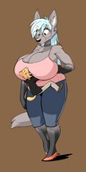 drawing gentle color cleavage glasses blue_hair huge_breasts ducky mini_giantess looking_down no_background pointed_ears