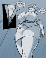 drawing furry anthro upskirt monochrome clothed cleavage skirt huge_breasts low_angle ducky walking shrunken_man thighs indoors dialogue cutaway clothing_entrapment between_breasts