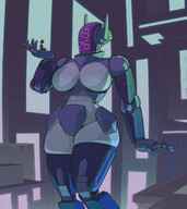 drawing city large_breasts mecha robot handheld buildings ducky outdoors helmet thick_thighs