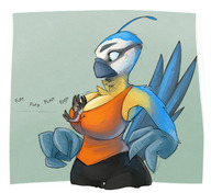 drawing furry tail wings anthro color large_breasts clothed green_eyes blue_hair ducky blue_skin standing bird bird_girl avian beak no_background sound_effects looking_at_tiny bumping_into