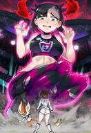 drawing giantess pokemon black_hair color large_breasts blue_eyes clothed anime stockings punk low_angle stadium embarrassed short_hair looming looking_down smoke crouching choker ripped_clothing looking_at_tiny bare_legs skintight_clothing sweat_drop bare_midriff dynamax pokemon_sword_and_shield marnie moto_toshi marie_(pokemon) morpeko cinderace