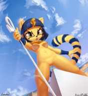 drawing nipples giantess nude pussy furry tail cat anthro color large_breasts butt clit blue_hair cat_ears pyramid yellow_eyes underboob between_legs reaching standing clouds thighs outdoors sky straddling animal_crossing collab bare_legs yellow_skin bare_midriff scepter ankha discordthege lunebat salem