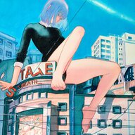 drawing giantess city color barefoot buildings blue_hair sitting legs thighs sitting_on_building little_thunder