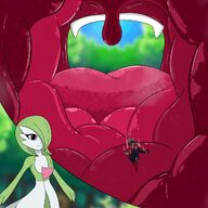 drawing pokemon vore furry color tongue clothed teeth red_eyes green_hair uvula pink_eyes mawshot gardevoir fangs walking unaware shrunken_man forest inside_mouth outdoors commission pokemon_trainer cutaway one_eye_covered femdva