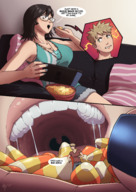 drawing vore black_hair color glasses brown_eyes sitting unaware shrunken_man indoors nail_polish sofa imminent_vore gaming zerohour99 sheograth10 shrunk_at_college candy_corn