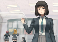 drawing black_hair color handheld school uniform shrunken_woman entrapment looking_at_tiny kuroihassan