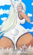 drawing giantess tail city mega color long_hair butt destruction butt_crush red_eyes multiple_sizes skyscraper giantesses bunny_girl looking_back commission leotard looking_at_tiny my_hero_academia mt._lady greenmatcha usagiyama_rumi senpai2xxx