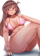bikini drawing blushing long_hair cleavage brunette sitting looking_down thick_thighs no_background sweat_drop yuichichibi