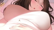drawing gentle blushing sleeping color large_breasts long_hair clothed bed pillow lying_down unknown_artist shrunken_man indoors source_needed on_belly hand_on_belly