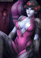 drawing black_hair color clothed cleavage anime sitting anal_insertion shrunken_woman hat looking_at_viewer purple_skin internal_view cramped overwatch widowmaker cutaway skintight_clothing tracer_(overwatch) purekonkon