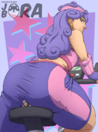 drawing color long_hair butt exercise clothed butt_crush purple_hair sweat low_angle smiling sitting shorts workout shrunken_man pinned curly_hair looking_back under_butt jora-bora no_background tokogiantsu sitting_on_tiny
